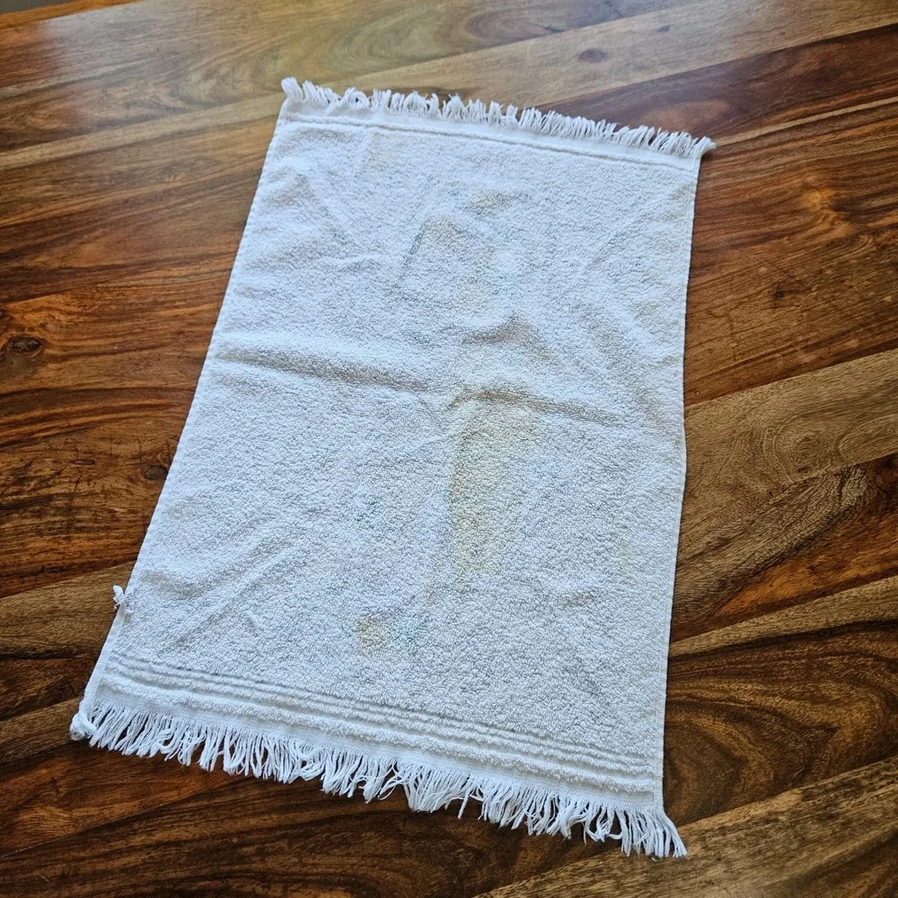 Vintage Cannon Mushroom Hand Towel Blue Gold Floral Fringe 70s Retro USA Made
